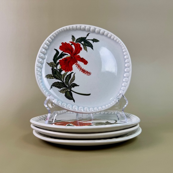 Vintage Gray-Lure by Crooksville 6" Hibiscus Plates – Set of 4 | Mid-Century - Picture 1 of 9